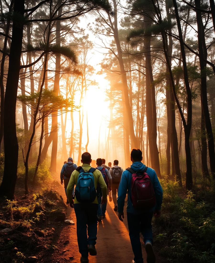 Group trek through forest